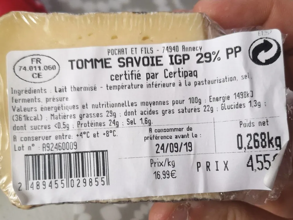 Tomme de savoie igp 29%pp