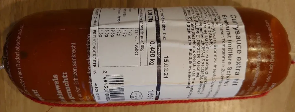 Currysauce extra mit Bratwurst (mittlere Schärfe)