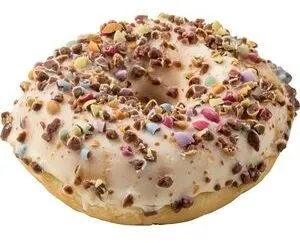Donut surgelé avec 15% d'enrobage blanc et 16% dragées au choc