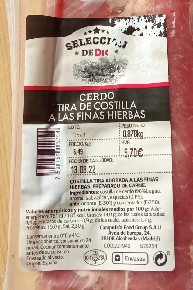 Tira de costilla de cerdo a las finas hierbas