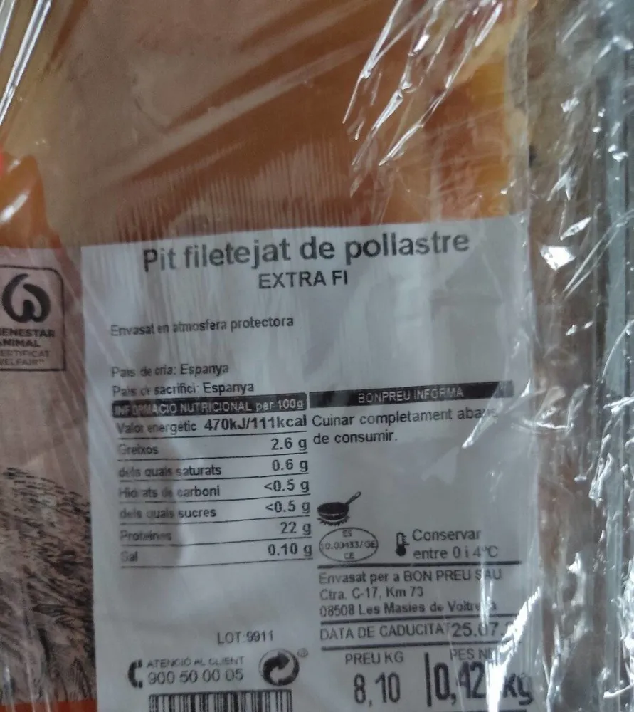 Pechuga de pollo fileteada extrafina