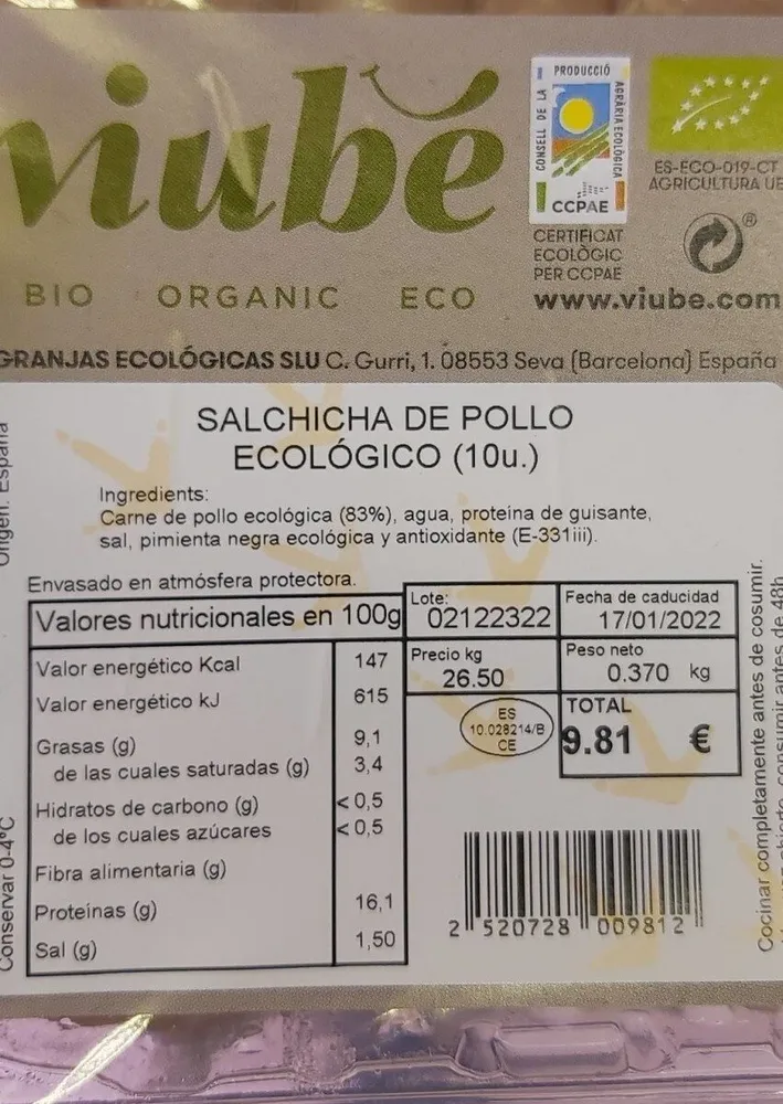 Salchicha pollo ecológica