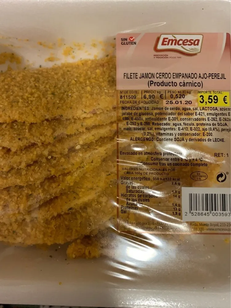 Filete jamon cerdo empanado ajo y prejil