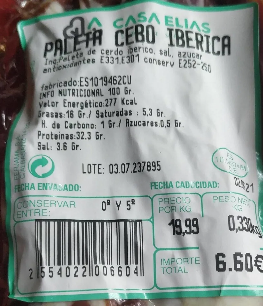 Paleta de cebo Ibérica Casa Elías