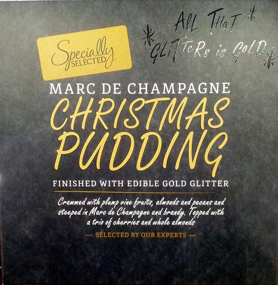 Marc de champagne christmas pudding finished with edible gold glitter
