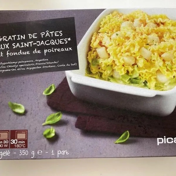 Gratin de pâtes aux saint  Jacques et fondue de poireaux
