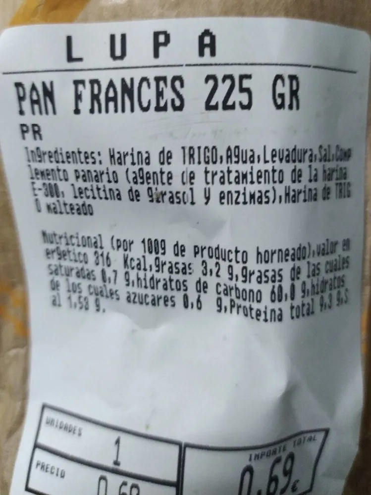 Pan frances 225gr lupa