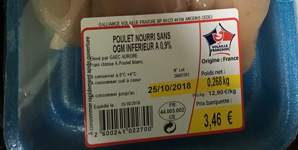 Poulet nourri sans OGM inferieur a 0,9%