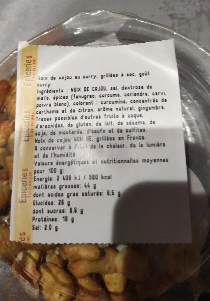Noix de cajou au curry grillées a sec