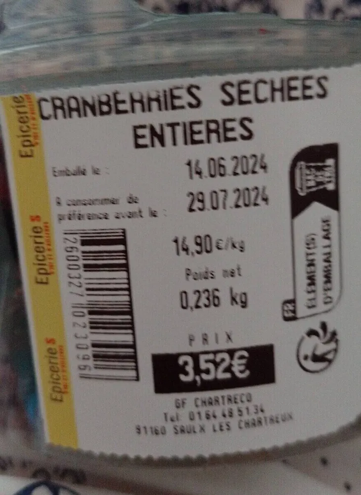 Cranberries séchées entières