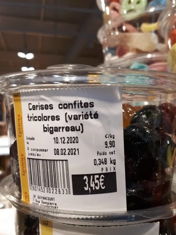 Cerises confites tricolores ( variété bigarreau)