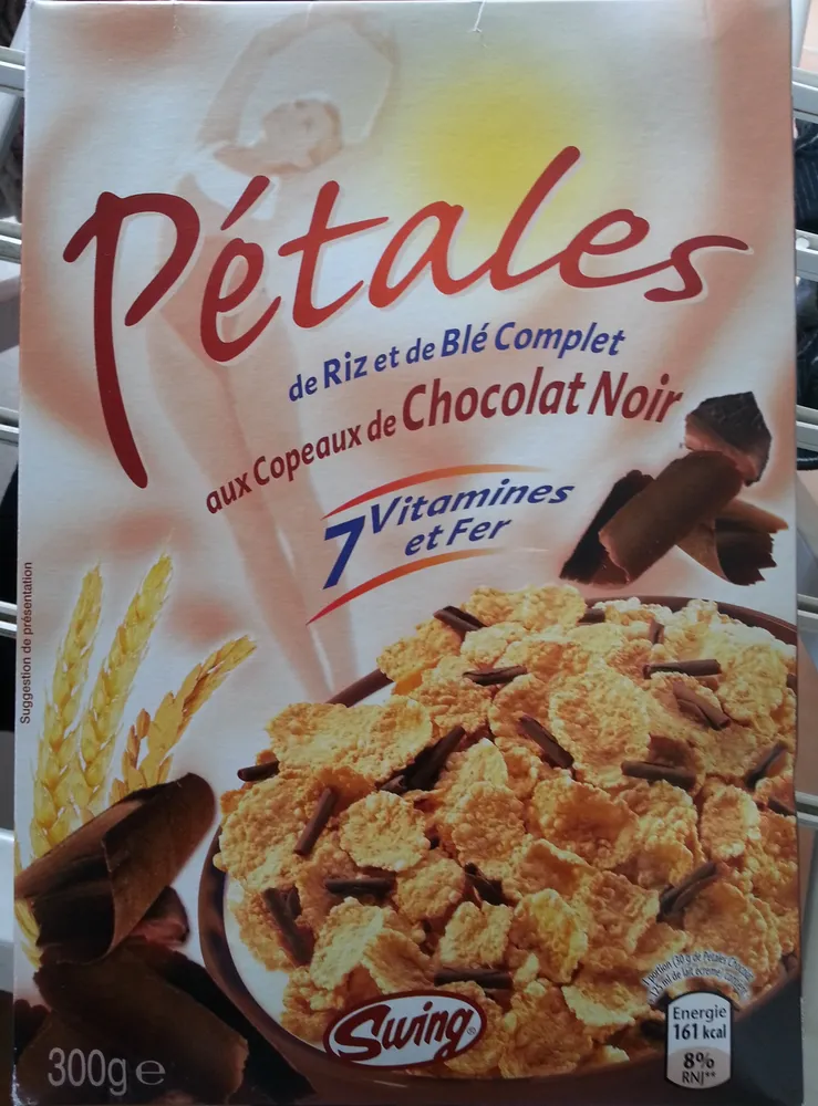 Pétales de riz et de blé complet aux copeaux de chocolat noir
