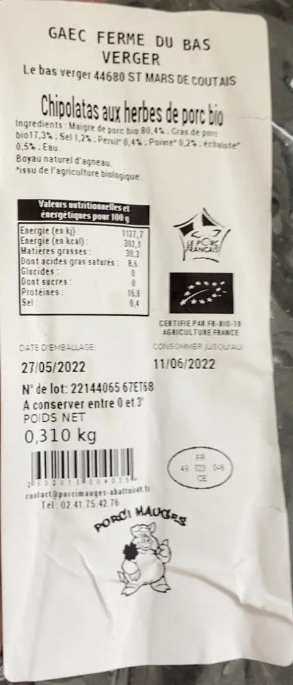 Chipolatas aux herbes deporc bio