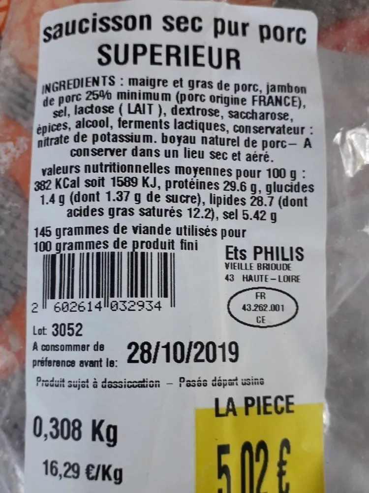 Saucisson sec pur porc supérieur