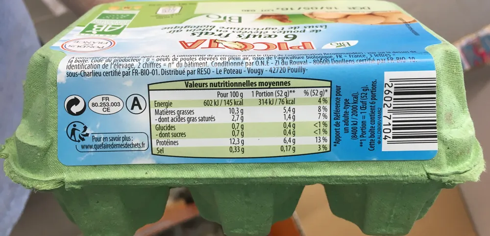 6 oeufs frais (pondus en France)