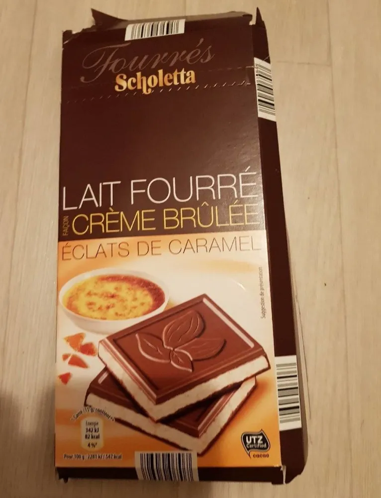 Chocolat au lait fourré façon crème brûlée éclats de caramel