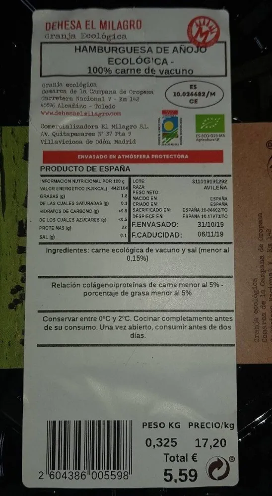 Hamburguesa de añojo ecológica 100% carne de vacuno