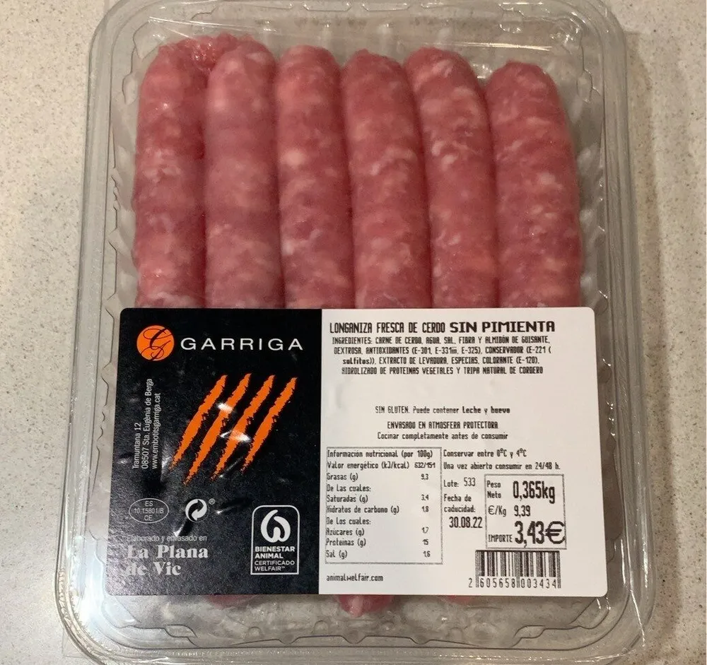 Longaniza fresca de cerdo sin pimienta