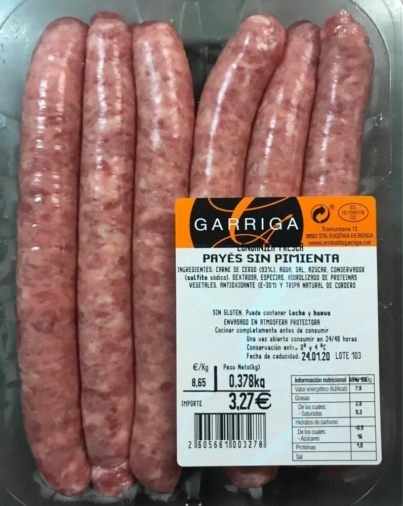 Longaniza fresca payes sin pimienta