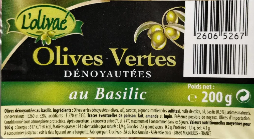 Olives vertes dénoyautées au basilic