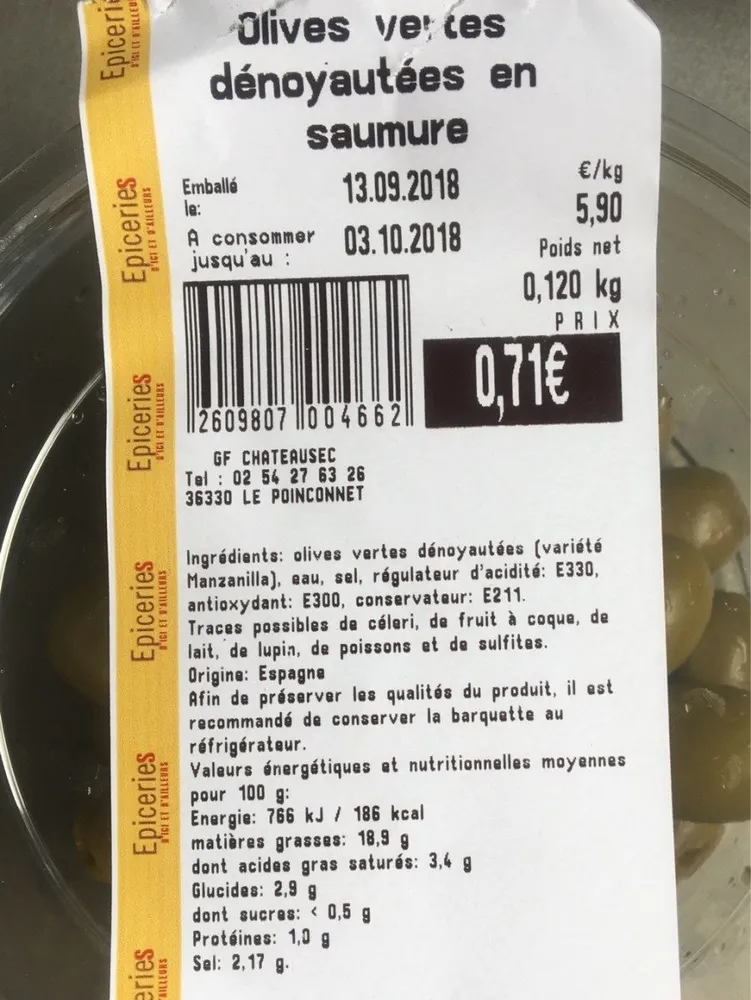 Olives vestes denoyautées en saumure