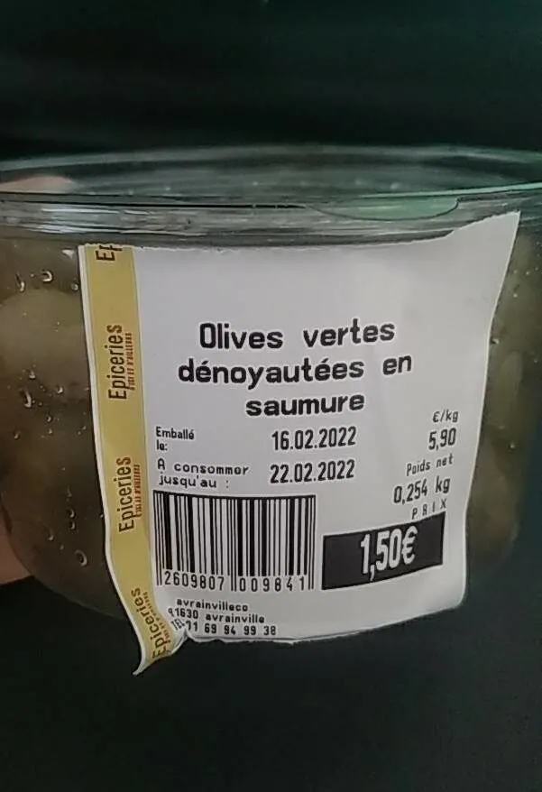 Olive vertes dénoyautées en saumure