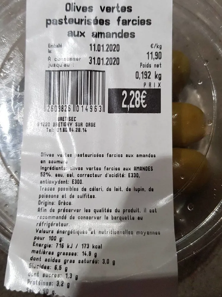 Olives vertes pasteurisés farcies aux amandes