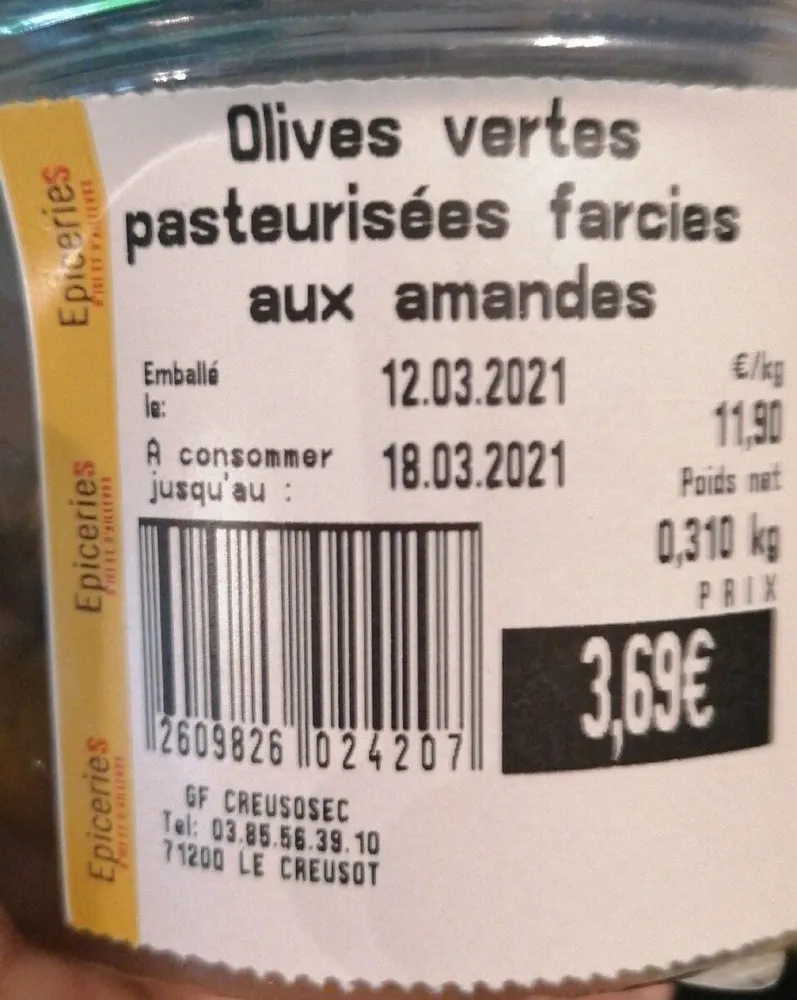 Olives vertes pasteurisées farcies aux amandes