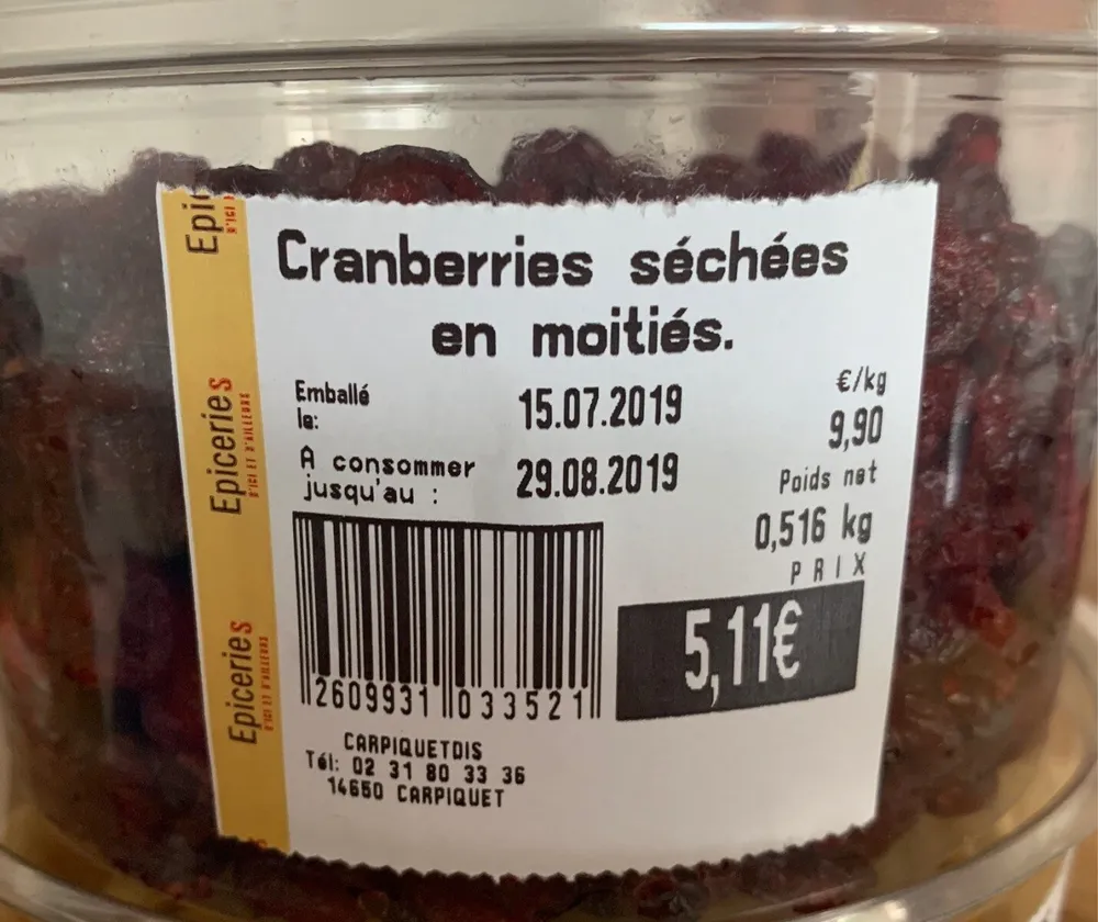 Cramberries séchées en moitiés