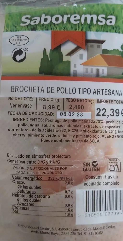 Brocheta de pollo tipo artesana