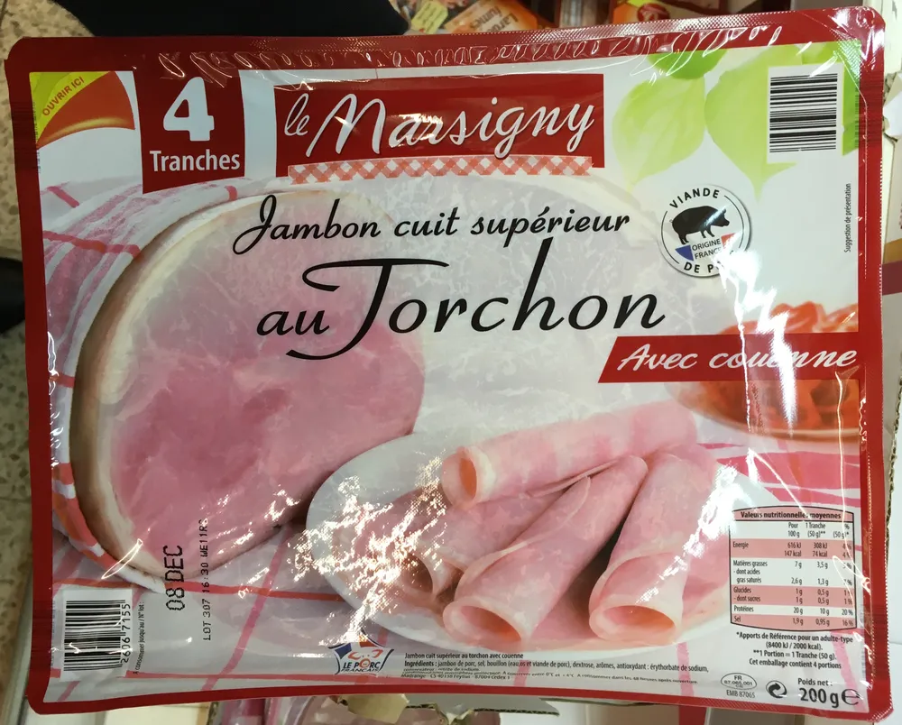 Jambon cuit supérieur au Torchon avec couenne