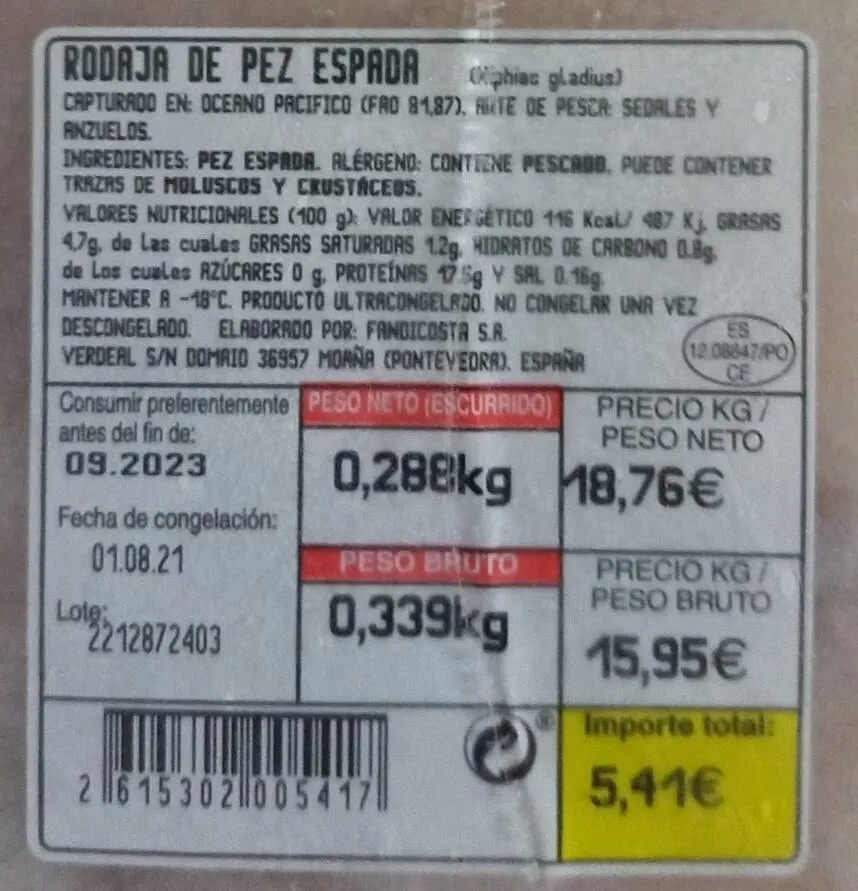 Pez espada congelado