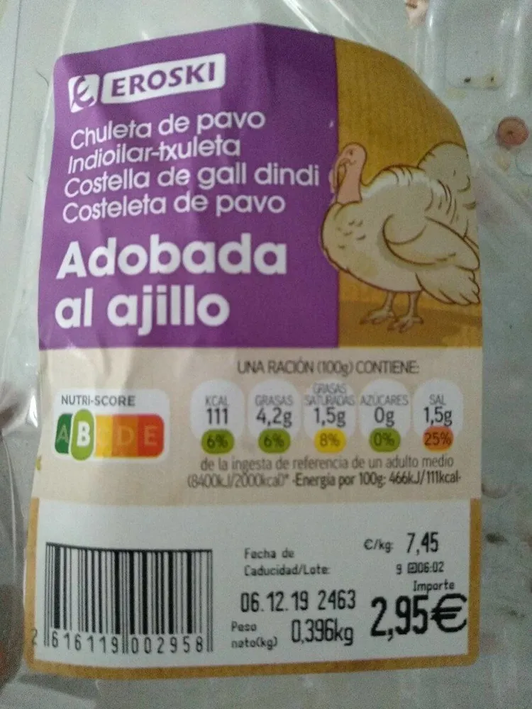 Chuleta de pavo adobada al ajillo