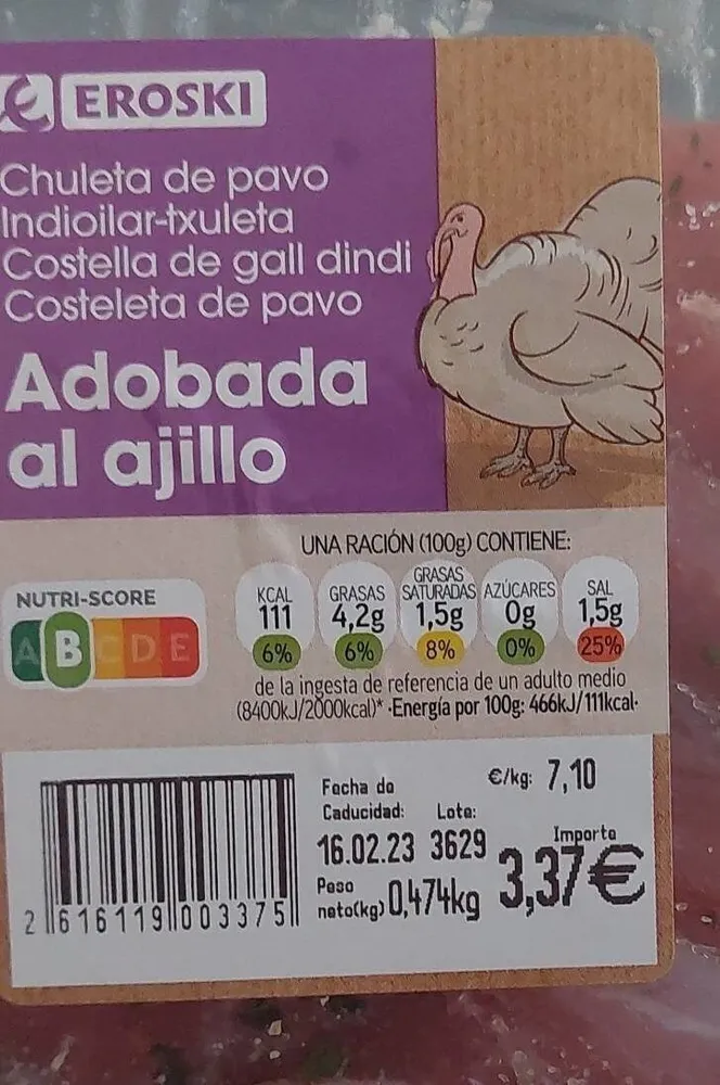 Chuleta de pavo adobada al ajillo