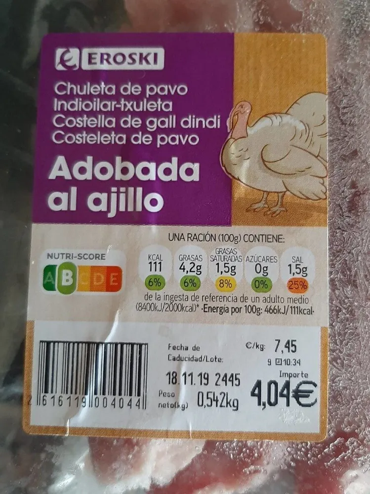 Chuleta de pavo adobada al ajillo
