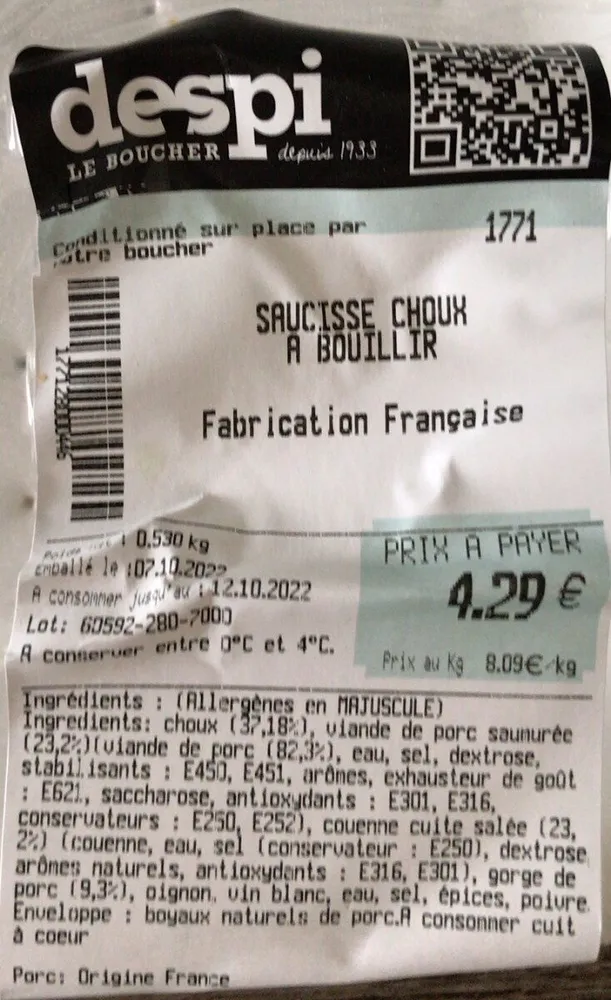 Saucisse choux à bouillir