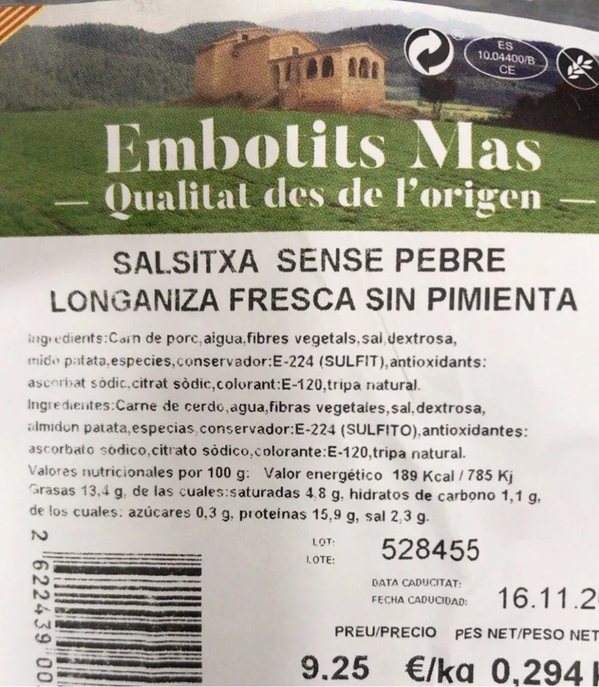 Longaniza fresca sin pimienta