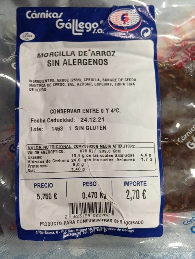 MORCILLA DE ARROZ SIN ALERGENOS