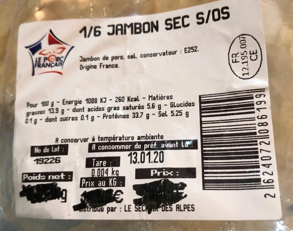 1/6 jambon sec sans os