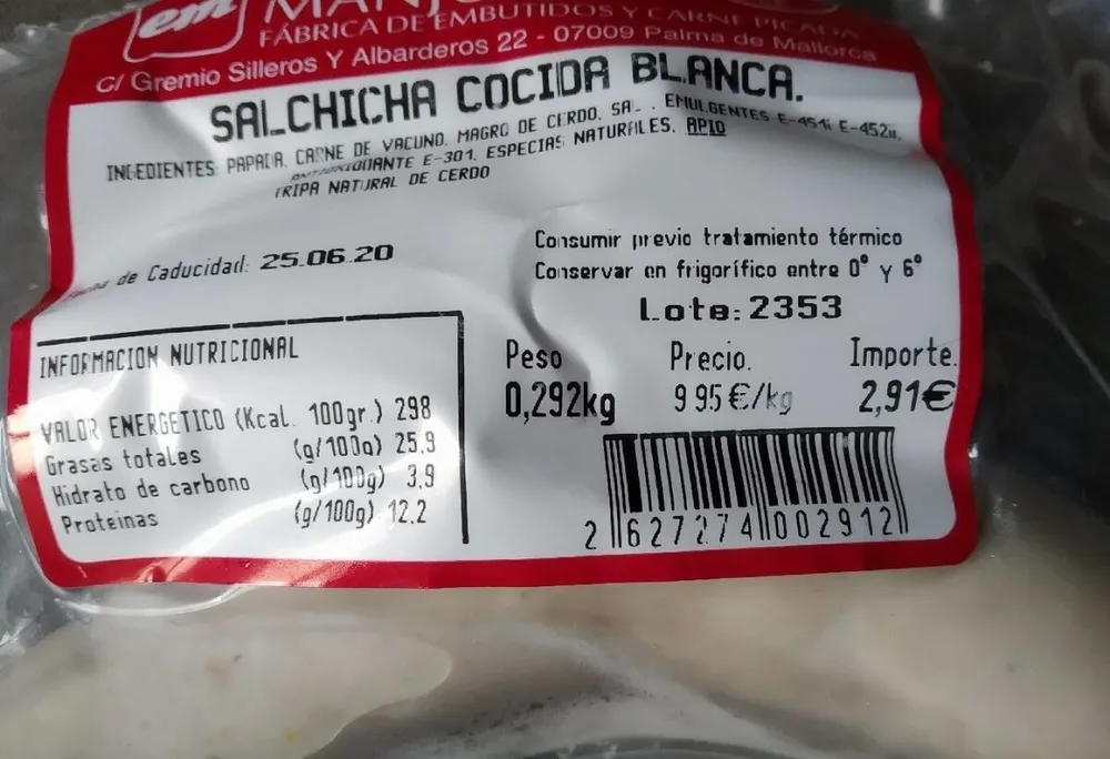 Salchicha cocida blanca