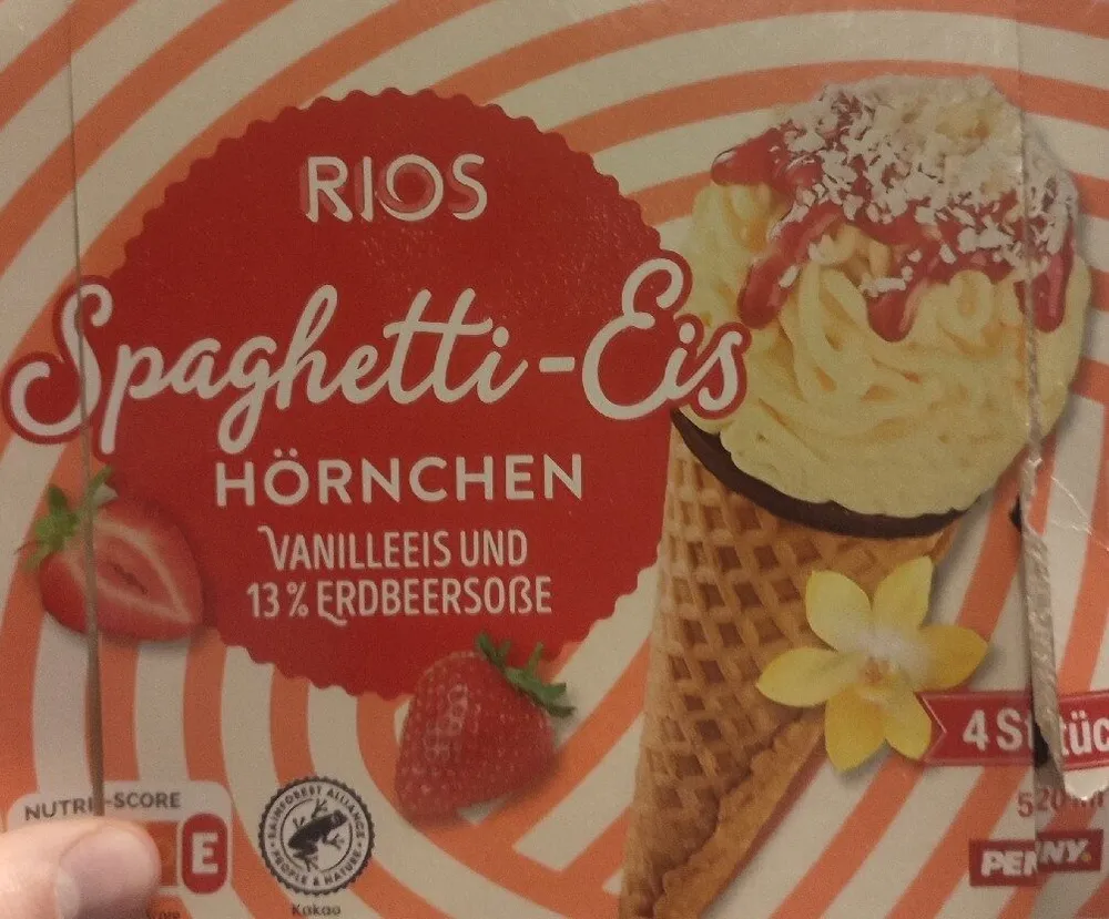 Spaghetti-Eis Hörnchen Vanilleeis Und Erdbeersoße