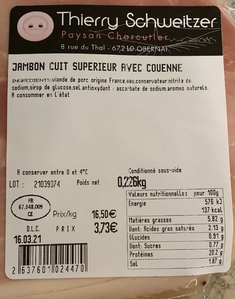 Jambon cuit supérieur avec couenne