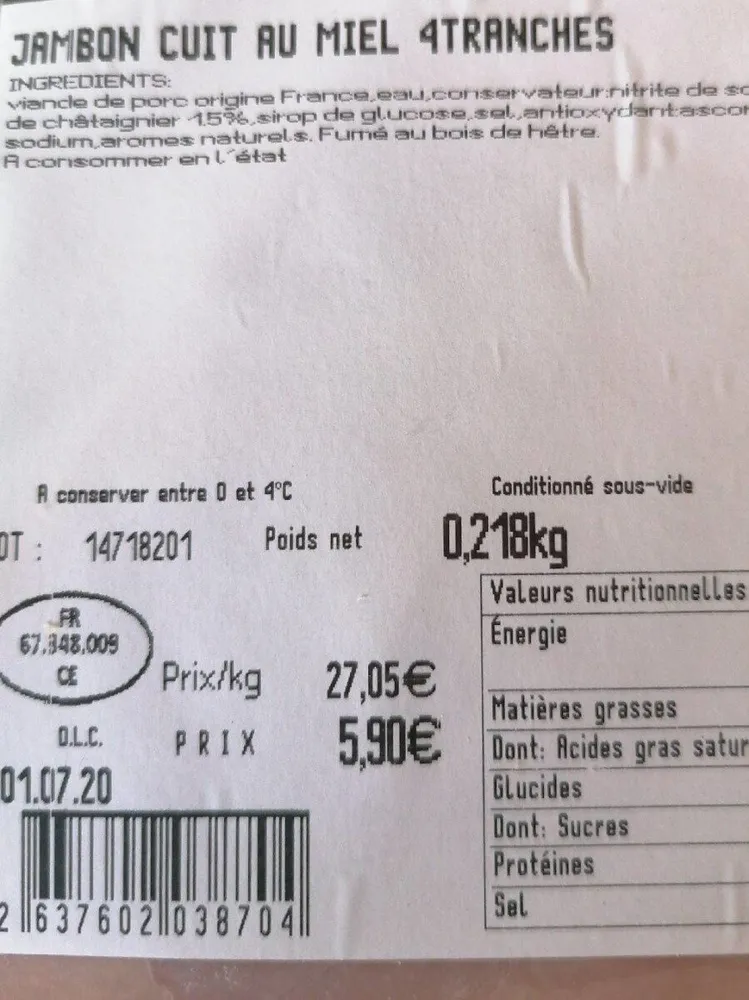 Jambon cuit au miel 4 tranches