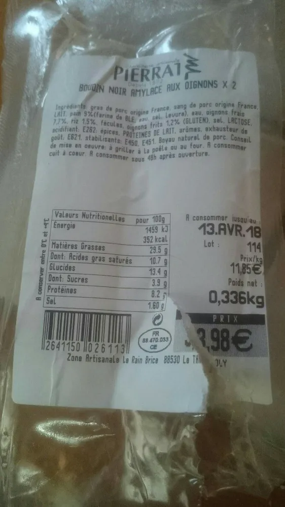 Boudin noir amylace aux oignons