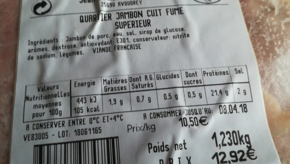 Quartier de jambon cuit fumé supérieur