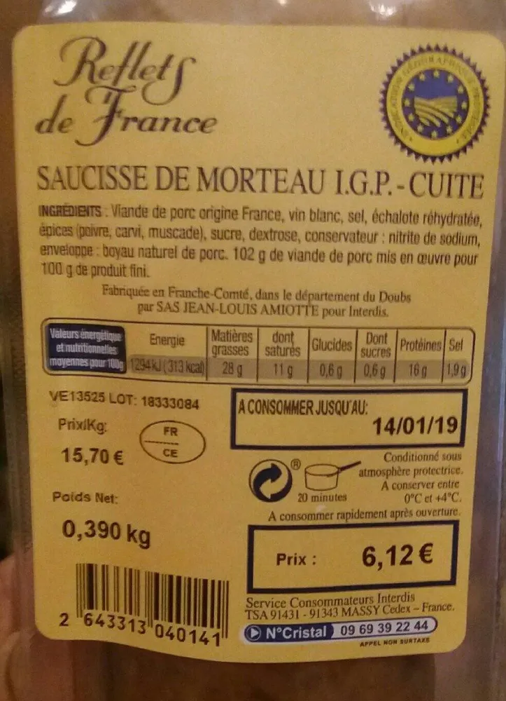 Saucisse de morteau igp cuite