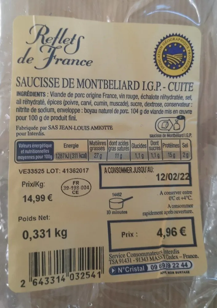 Saucisse de Montbéliard Igp cuite