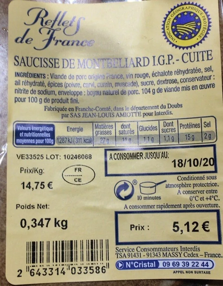Saucisse de Montbeliard I.G.P.-Cuite