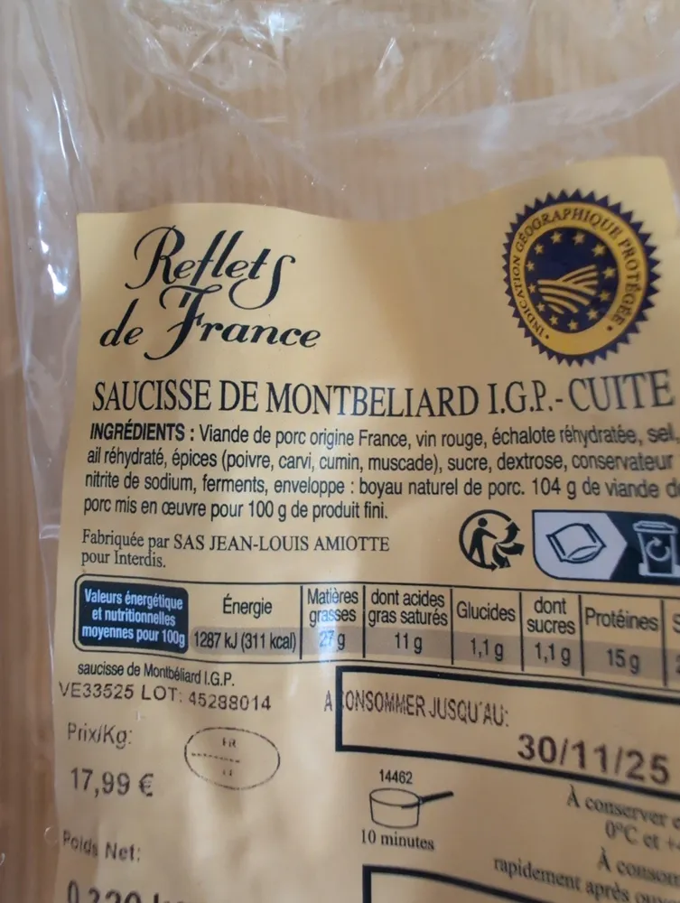 Saucisse de Montbéliard IGP - cuite