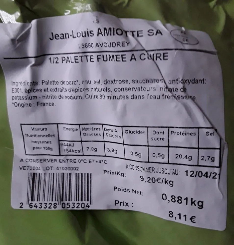 1/2 palette fumée à cuire